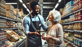 A highly realistic photograph of a grocery store interaction between a dark-skinned man and an elderly woman in her early 70s.