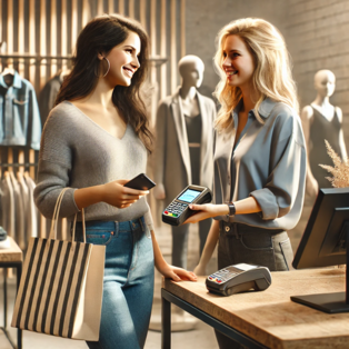 A realistic image of two women interacting in a retail store, similar to the provided image. One woman is a customer holding a shopping bag and a phone